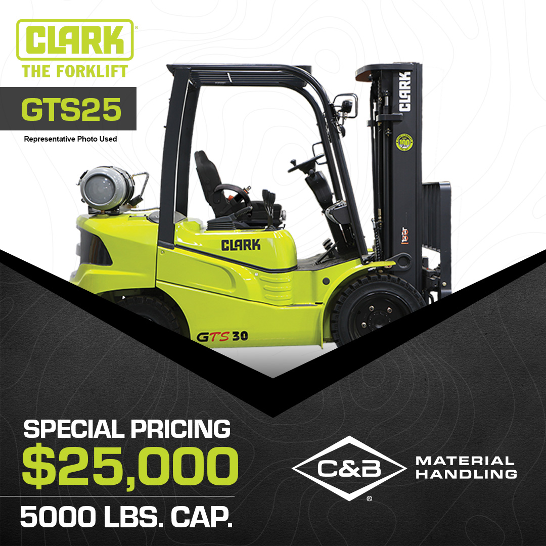 Robust Clark GTS25 forklift: 5000 lb lift capacity, reliable for various warehouse tasks. Features ergonomic design, smooth operation, and excellent maneuverability. Ideal for efficient material handling.